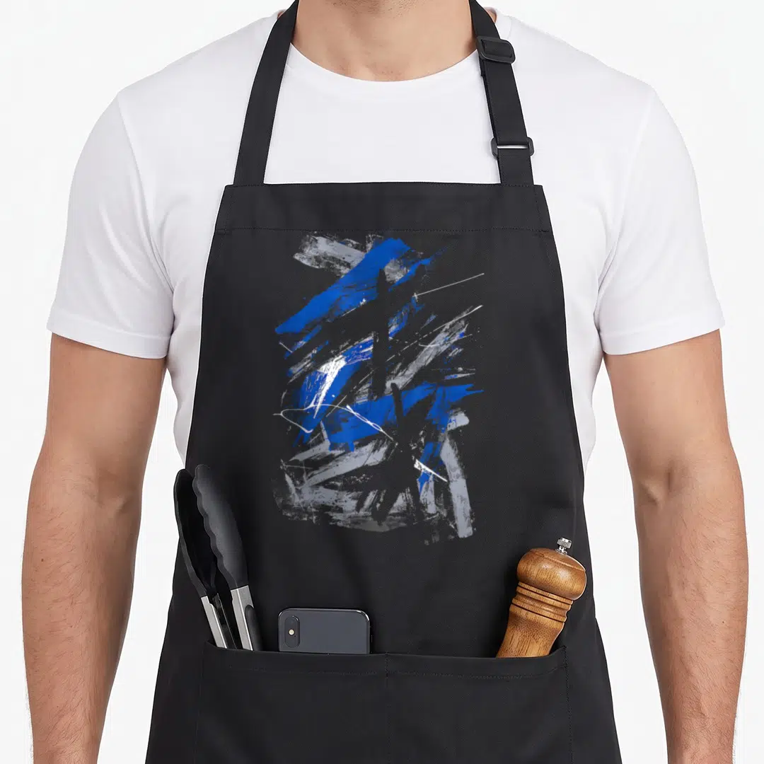 Blue urban apron - Abstract blue grey and white paint strokes and splatters — shown on a black cotton canvas apron against a white background