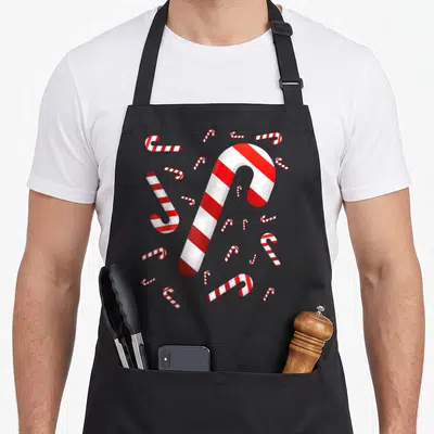 Merry candy cane apron - Large red and white striped candy cane surrounded by smaller scattered candy canes in cartoon — shown on a black cotton canvas apron against a white background
