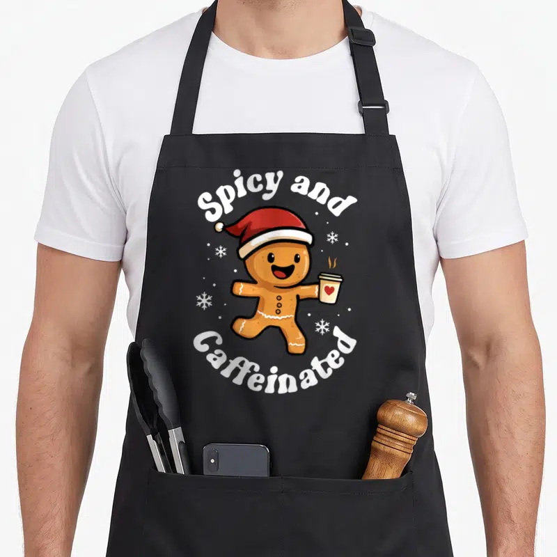 Spicy gingerbread apron - Cartoon gingerbread man in red hat holding coffee cup with arched Spicy and Caffeinated text — shown on a black cotton canvas apron against a white background
