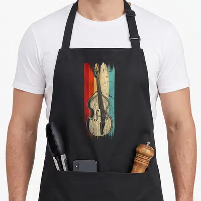 Stand double apron - Cello illustration over four distressed vertical stripes in red orange yellow teal beige — shown on a black cotton canvas apron against a white background