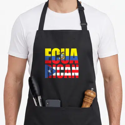 Puerto ecuadorian apron - Stacked EcuaRican text filled with Ecuador and Puerto Rico flag patterns — shown on a black cotton canvas apron against a white background