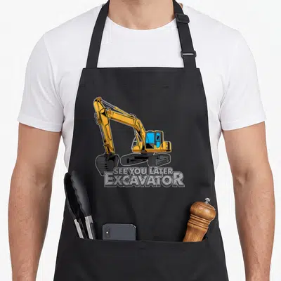Toddler excavator girl apron - Cartoon yellow excavator above SEE YOU LATER EXCAVATOR text in block letters — shown on a black cotton canvas apron against a white background