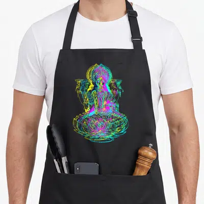 Lakshmi diwali apron - Neon pink blue yellow line art deity seated on lotus with halo — shown on a black cotton canvas apron against a white background