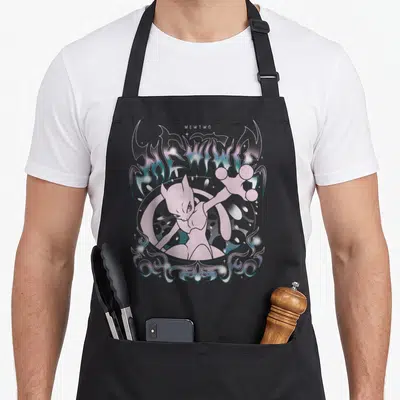 Mewtwo oversized aprons - Pink Mewtwo character overlapping stylized blue and white lettering with bottom ornaments — shown on a black cotton canvas apron against a white background