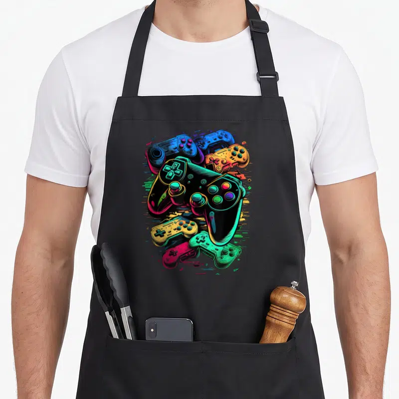 Control gamer video game apron - Six overlapping cartoon game controllers in neon green, pink, blue, yellow, and black — shown on a black cotton canvas apron against a white background