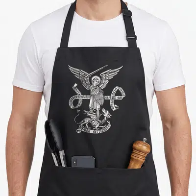 Michael angels in aprons - Line art of an archangel with sword and shield stepping on a dragon with Latin text ribbons — shown on a black cotton canvas apron against a white background