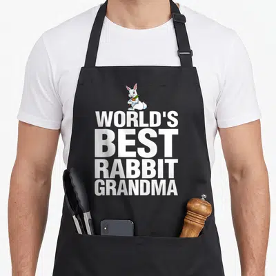 Bunny world's best grandma apron - Cartoon white rabbit holding orange carrot above stacked white text WORLD'S BEST — shown on a black cotton canvas apron against a white background