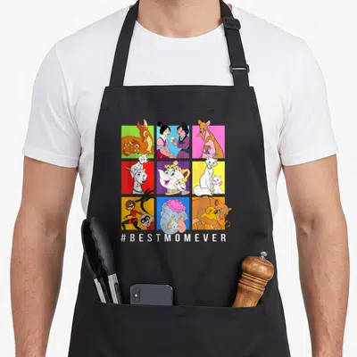 Character mother's day aprons - #BESTMOMEVER text below 3x3 grid of cartoon mothers and children in colorful squares — shown on a black cotton canvas apron against a white background