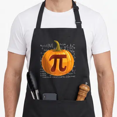 Pumpkin thanksgiving day aprons - Orange pumpkin with dark red pi symbol over white math equations — shown on a black cotton canvas apron against a white background