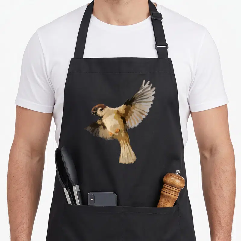 Funny sparrow bird apron - Realistic brown and beige house sparrow flying with spread wings — shown on a black cotton canvas apron against a white background