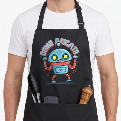 Japanese 80s apron - Cartoon robot with DOMO ARIGATO text and musical notes in blue red and yellow — shown on a black cotton canvas apron against a white background