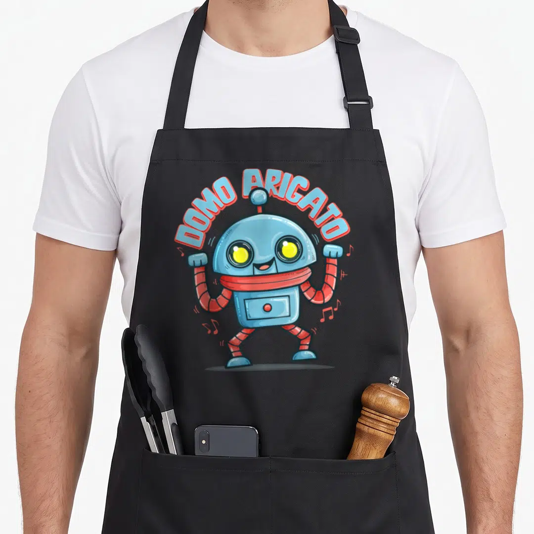 Japanese 80s apron - Cartoon robot with DOMO ARIGATO text and musical notes in blue red and yellow — shown on a black cotton canvas apron against a white background