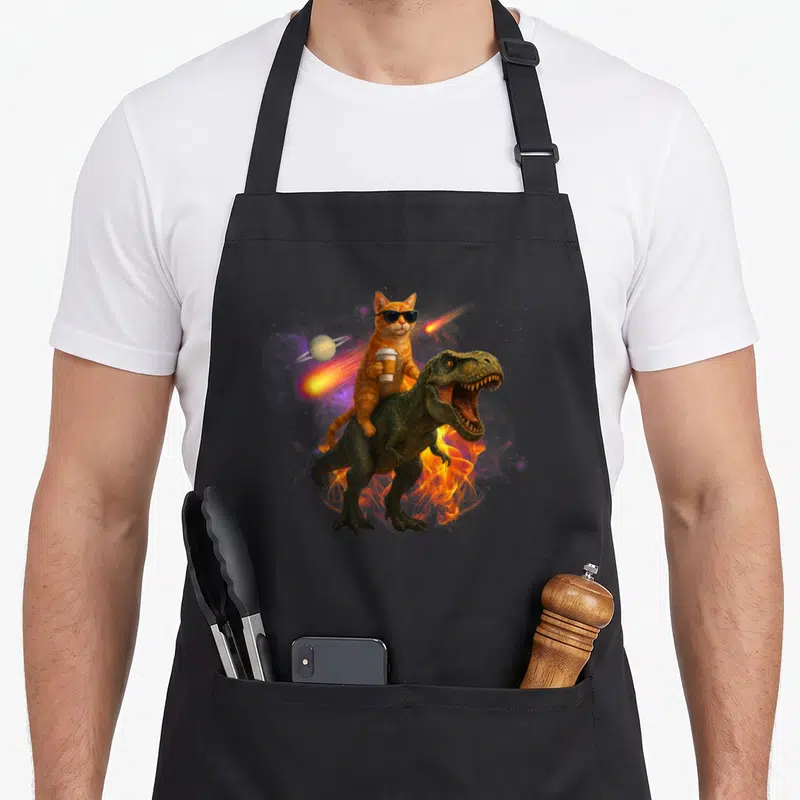 Cosmic cat apron - Orange cat with sunglasses riding green dinosaur through fire and space with planet and meteors — shown on a black cotton canvas apron against a white background