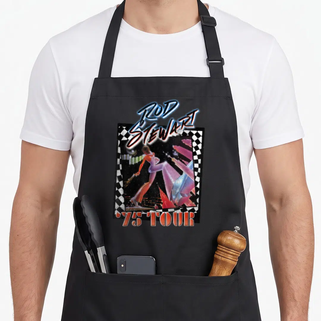Tour rod apron - Retro 75 TOUR graphic with man in checkered border and blue red pink black white lettering — shown on a black cotton canvas apron against a white background
