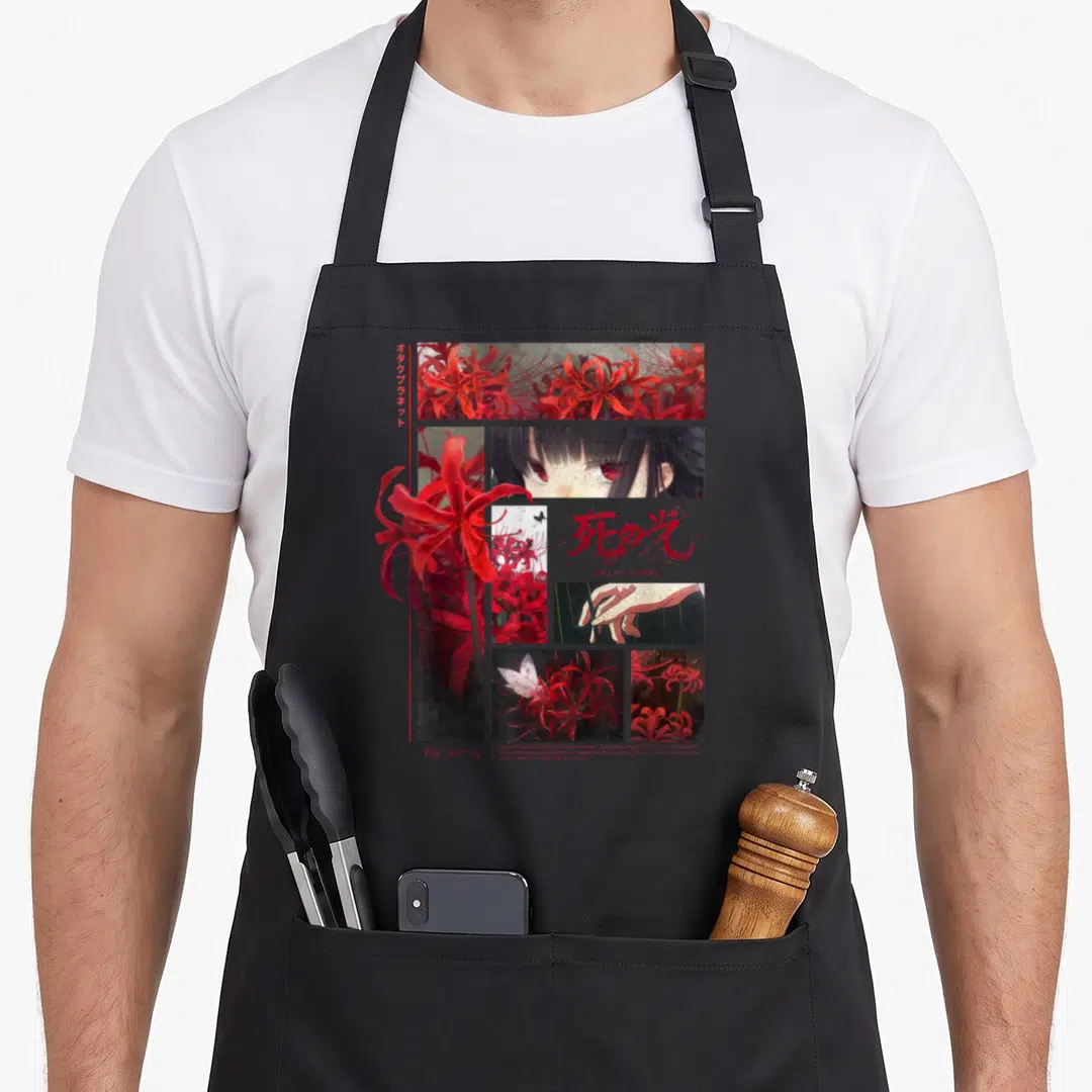 Japanese spider white lily apron - Red spider lily collage with eyes, hand, and Death Flower text — shown on a black cotton canvas apron against a white background