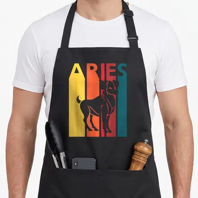Sign march birthday apron - Retro Aries zodiac text over vertical yellow orange red blue green grey stripes with grey — shown on a black cotton canvas apron against a white background