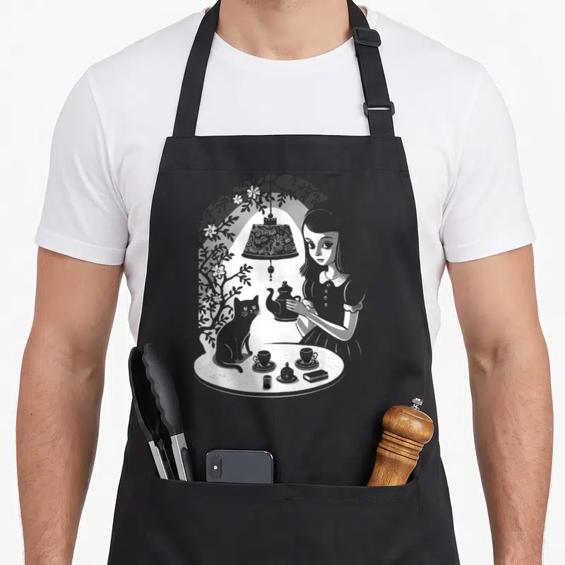 Mysterious tea party aprons - Line art of a woman pouring tea for a cat under a lamp with flowering branches in grey — shown on a black cotton canvas apron against a white background