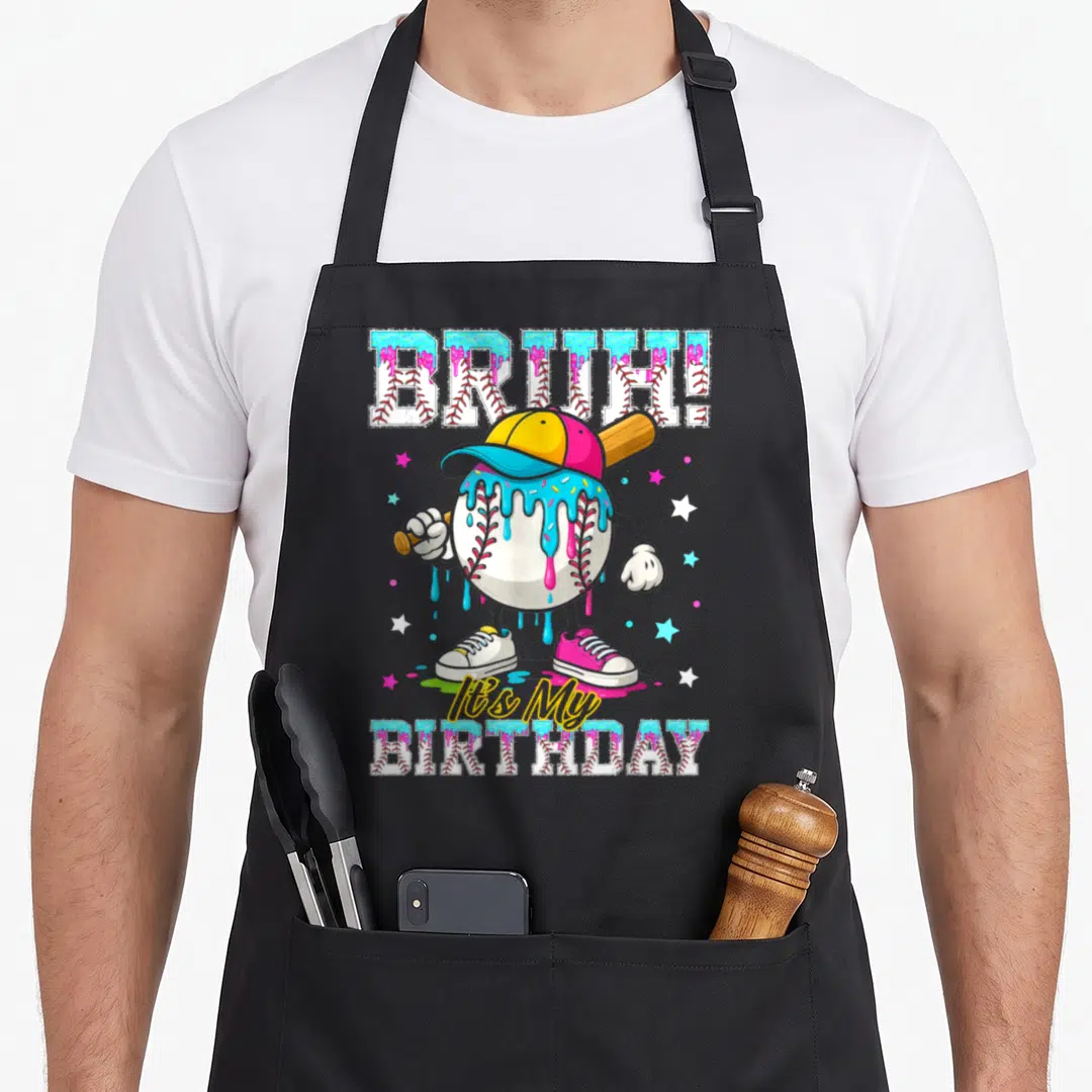 Bday ice cream apron - Cartoon baseball wearing cap and sneakers with dripping blue glaze and BRUH It's My BIRTHDAY text — shown on a black cotton canvas apron against a white background