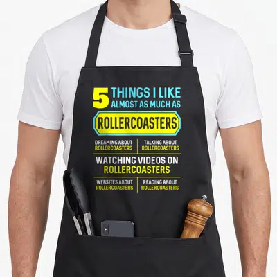 Roller hobby apron - Blue and yellow typography listing five things liked almost as much as rollercoasters — shown on a black cotton canvas apron against a white background