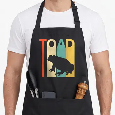Cute toad apron - TOAD text in red cream teal yellow stripes with grey toad silhouette overlay — shown on a black cotton canvas apron against a white background