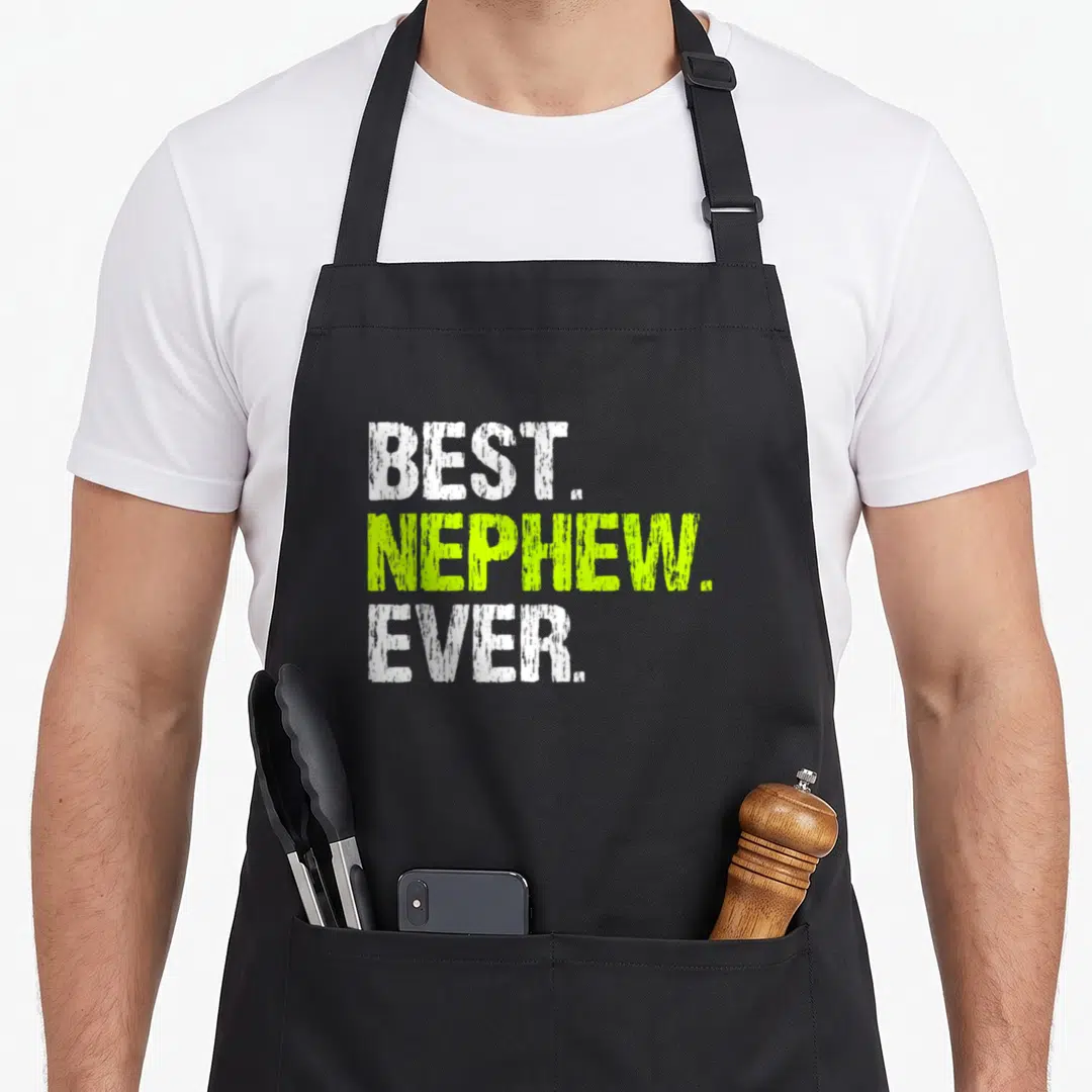 Nephew aunt family aprons - Stacked BEST NEPHEW EVER text in white and lime green distressed font — shown on a black cotton canvas apron against a white background