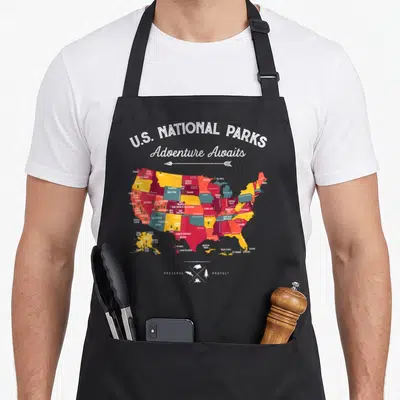 Map camping apron - Retro US map in red and yellow with park names and preserve protect text — shown on a black cotton canvas apron against a white background