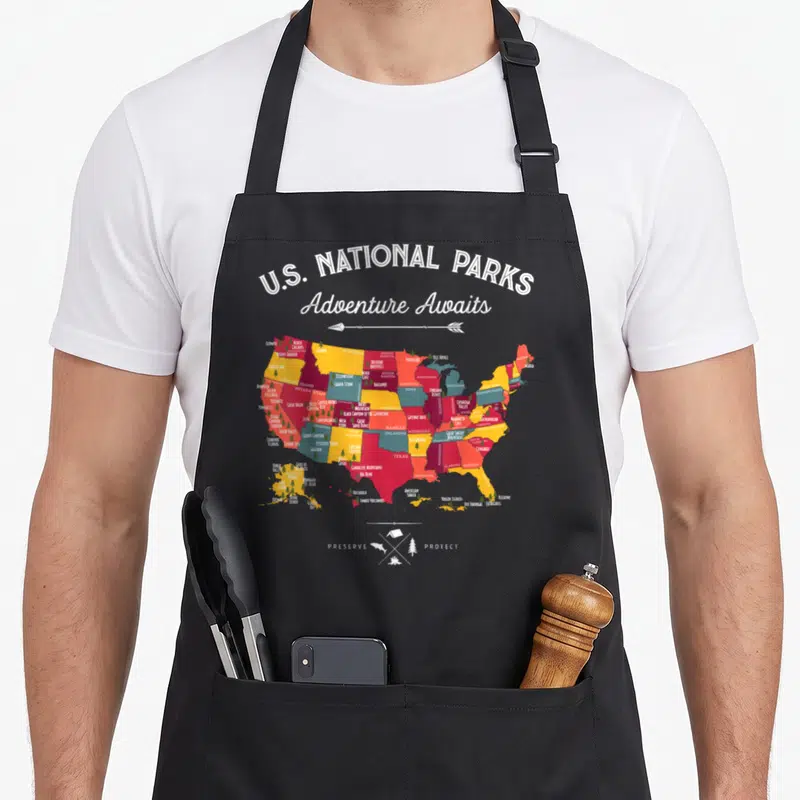 Map camping apron - Retro US map in red and yellow with park names and preserve protect text — shown on a black cotton canvas apron against a white background