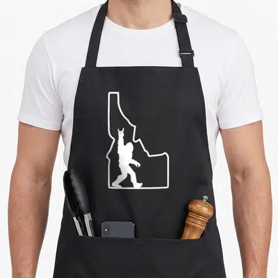 Roll silhouette bigfoot apron - White Bigfoot silhouette raising a hand inside a white Idaho state outline — shown on a black cotton canvas apron against a white background
