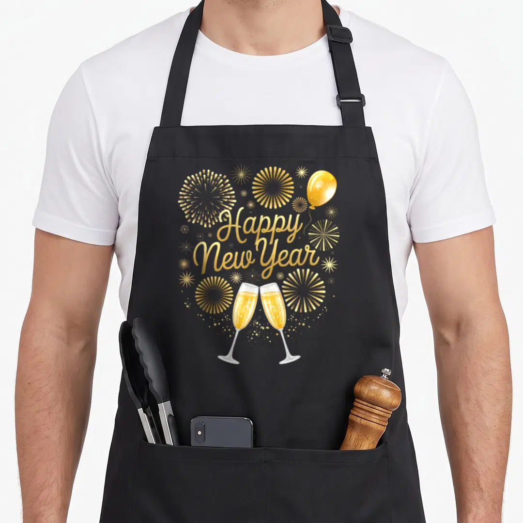 Outfit eve apron - Gold fireworks, balloon, and two clinking champagne glasses surrounding centered Happy New Year text — shown on a black cotton canvas apron against a white background
