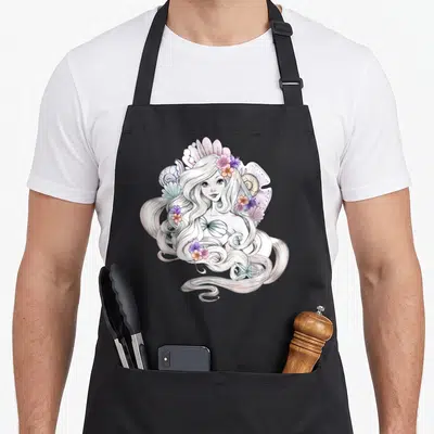 Ariel floral apron - Watercolor mermaid with starfish in hair surrounded by pink purple and blue shells and flowers — shown on a black cotton canvas apron against a white background