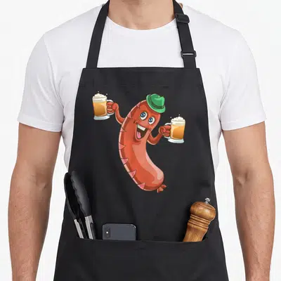 Germany sausage apron - Cartoon sausage in green hat holding two beer mugs — shown on a black cotton canvas apron against a white background