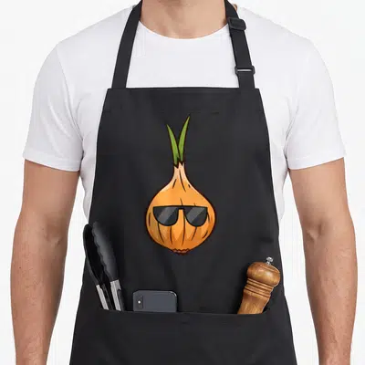 Onion vegetable apron - Cartoon orange onion wearing black sunglasses with green sprouts on top — shown on a black cotton canvas apron against a white background