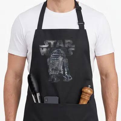 Cute distressed apron - Grey and blue distressed graphic of R2-D2 below Star Wars text — shown on a black cotton canvas apron against a white background