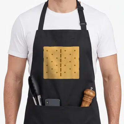 Smore halloween apron - Tan square graham cracker with brown holes and central dashed line — shown on a black cotton canvas apron against a white background