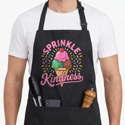 Ice sprinkle apron - Three scoop ice cream cone with SPRINKLE Kindness text and colorful sprinkles — shown on a black cotton canvas apron against a white background