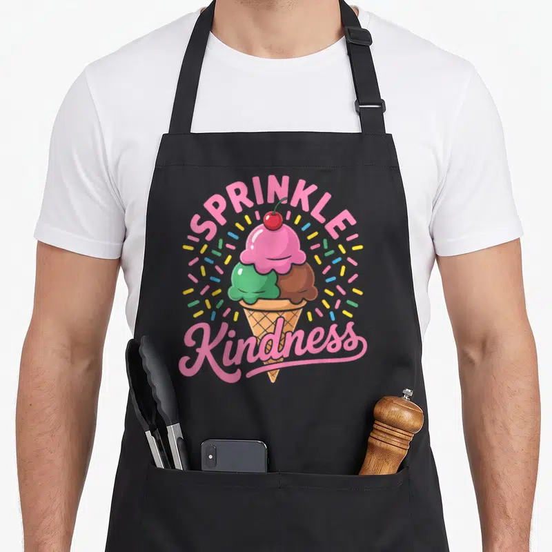 Ice sprinkle apron - Three scoop ice cream cone with SPRINKLE Kindness text and colorful sprinkles — shown on a black cotton canvas apron against a white background