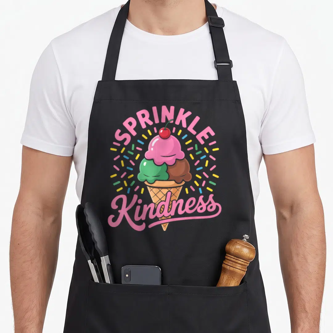 Ice sprinkle apron - Three scoop ice cream cone with SPRINKLE Kindness text and colorful sprinkles — shown on a black cotton canvas apron against a white background