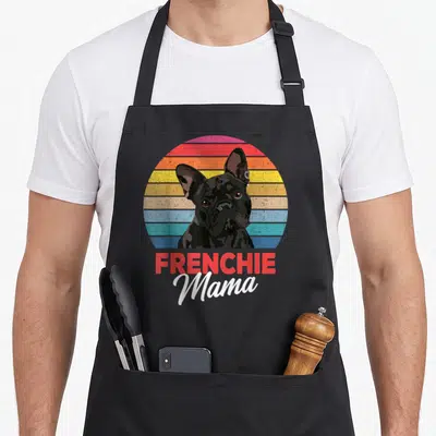 Mama french apron - Retro black French Bulldog on multi-colored striped circle with FRENCHIE Mama text — shown on a black cotton canvas apron against a white background