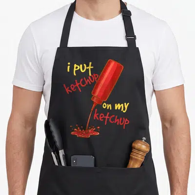 Funny ketchup tomato apron - Cartoon red ketchup bottle pouring sauce with scattered text i put ketchup on my ketchup — shown on a black cotton canvas apron against a white background