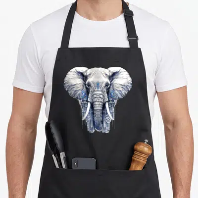 Motif animal apron - Realistic elephant head with steampunk gears pipes and blue accents in white and blue — shown on a black cotton canvas apron against a white background