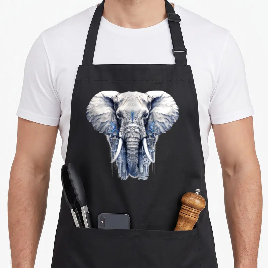 Motif animal apron - Realistic elephant head with steampunk gears pipes and blue accents in white and blue — shown on a black cotton canvas apron against a white background