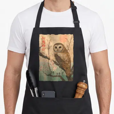 Blossom wise owl aprons - Realistic owl on cherry blossom branch with vertical red kanji and pale sun — shown on a black cotton canvas apron against a white background