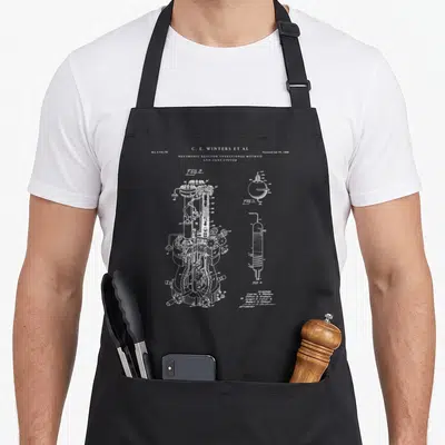 Patent nuclear apron - White line-art schematic of Neutronic Reactor Patent No 2545794 showing Figures 2 3 and 4 — shown on a black cotton canvas apron against a white background
