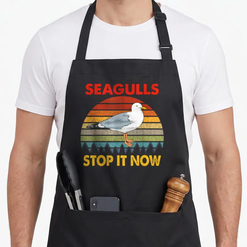 Stop bird apron - Seagull standing in front of red yellow blue striped sun with text SEAGULLS STOP IT NOW — shown on a black cotton canvas apron against a white background
