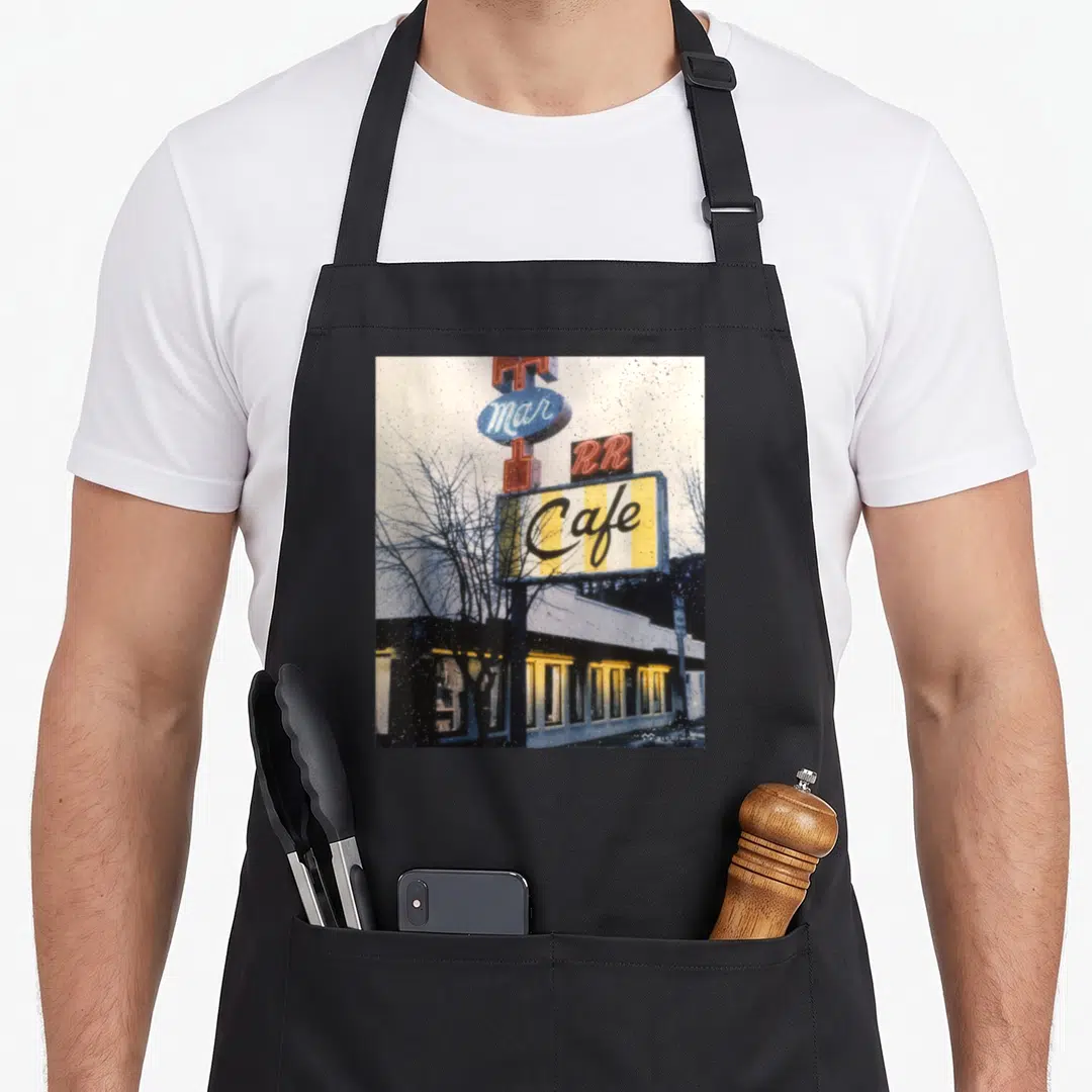 Twin double apron - Neon sign with mar, RR, and Cafe text in yellow, red, blue, and white — shown on a black cotton canvas apron against a white background