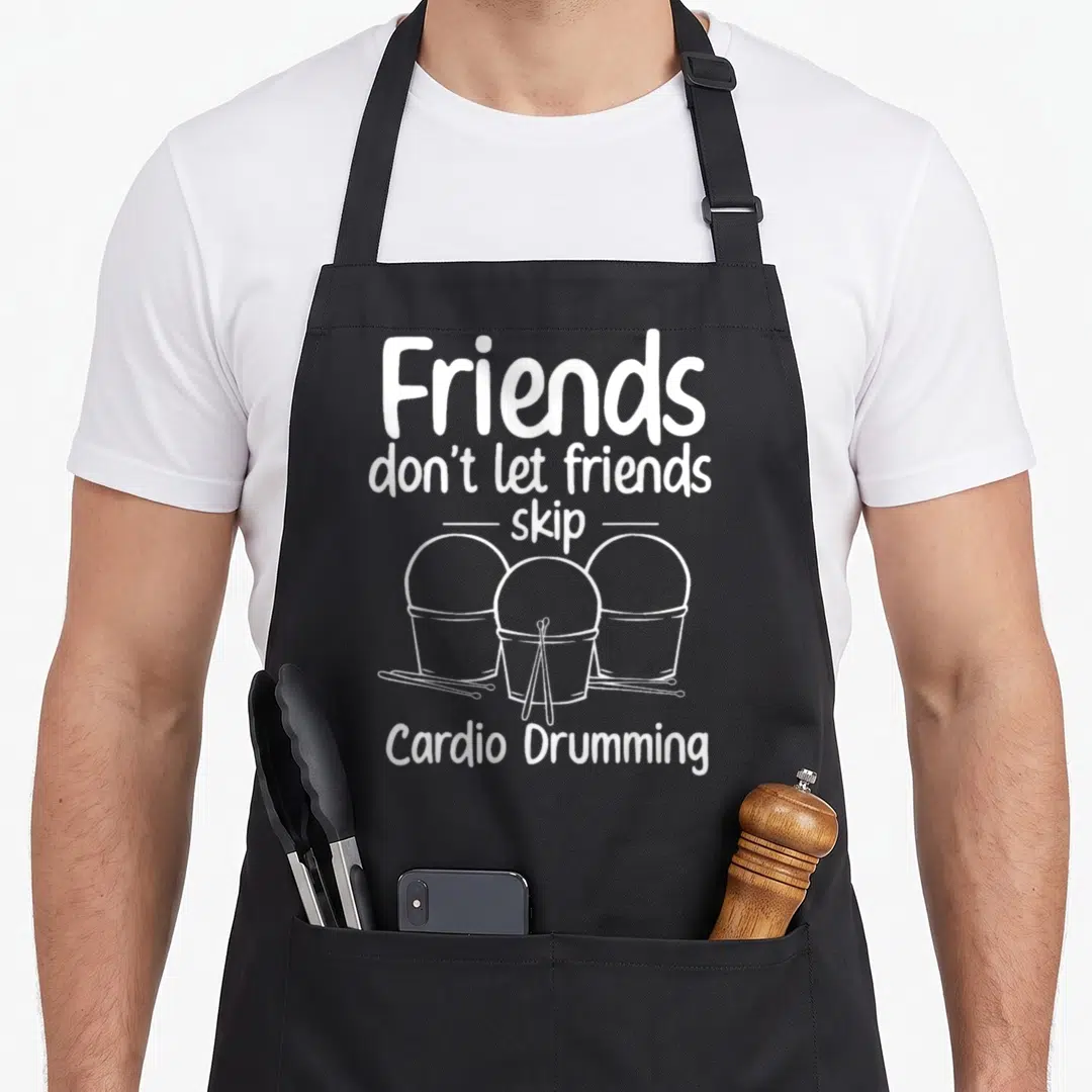 Drumming cardio apron - White line art of three buckets and crossed drumsticks with text about skipping cardio drumming — shown on a black cotton canvas apron against a white background