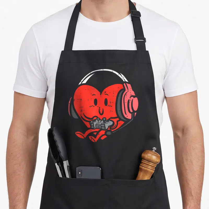 Youth valentine's day apron - Red cartoon heart wearing gaming headset and holding grey controller with small legs — shown on a black cotton canvas apron against a white background