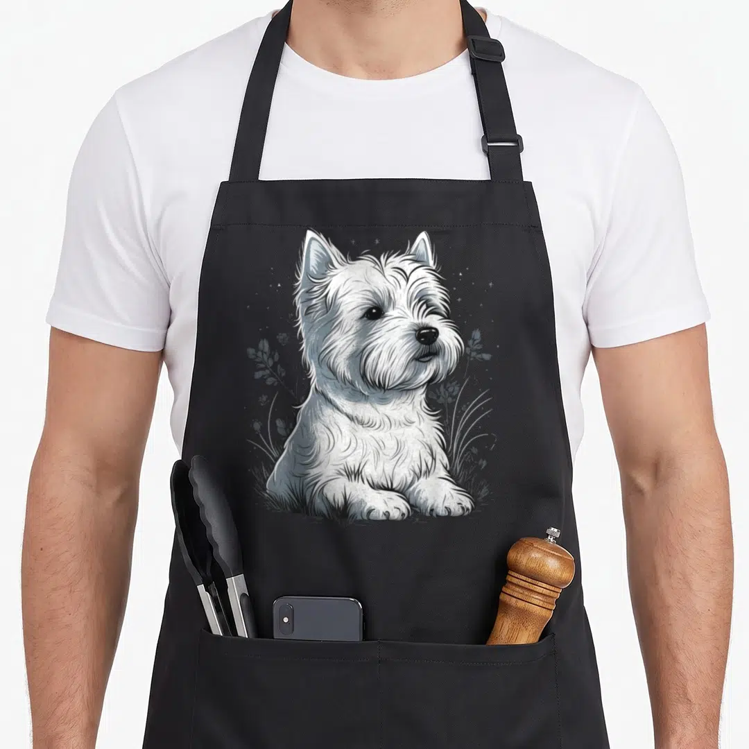 Dog west westie apron - Realistic white and grey Westie dog sitting in grass and foliage illustration — shown on a black cotton canvas apron against a white background