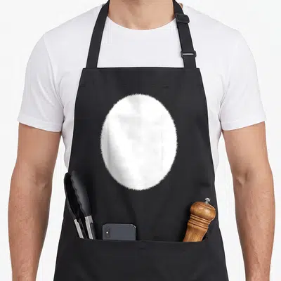 Tummy cat apron - Single white fuzzy oval centered on plain background — shown on a black cotton canvas apron against a white background