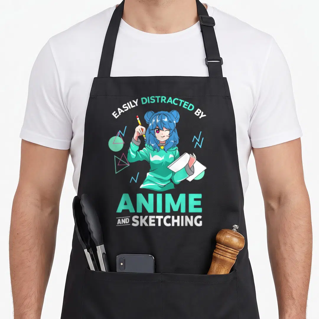 Distracted anime apron - Anime girl holding pencil and sketchbook with EASILY DISTRACTED BY ANIME AND SKETCHING text — shown on a black cotton canvas apron against a white background